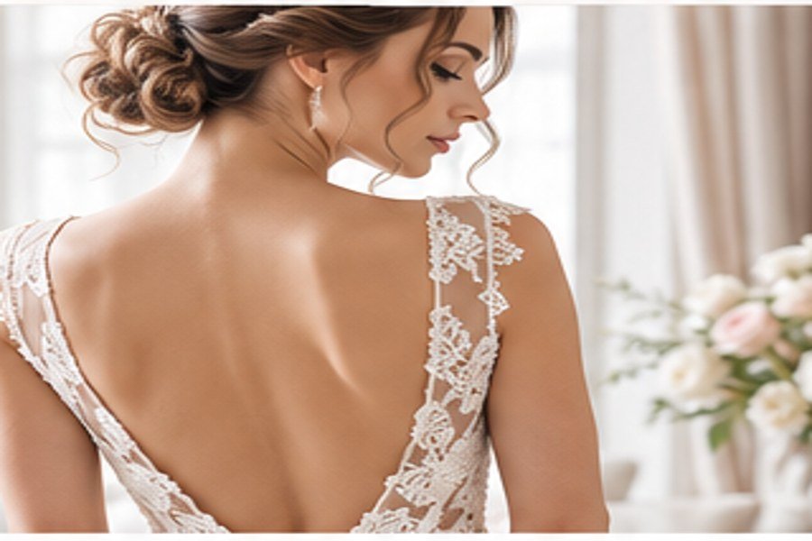Bride in a lace gown during a dress fitting