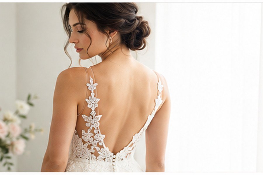 Bride in a low-back lace wedding dress, illustrating dress-back compatibility